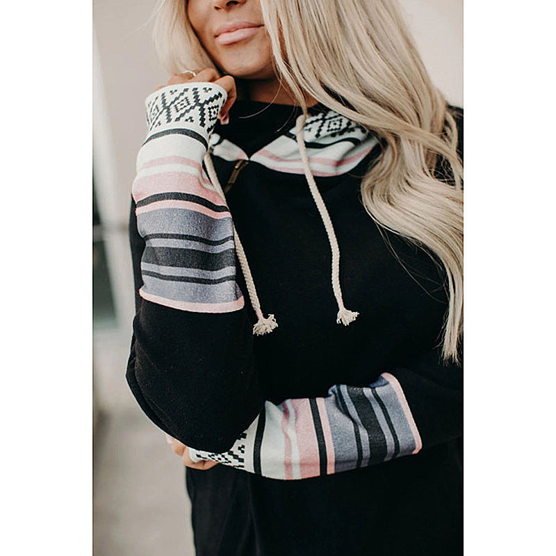 Women's Versatile Hooded Sweater with Printed Stitching