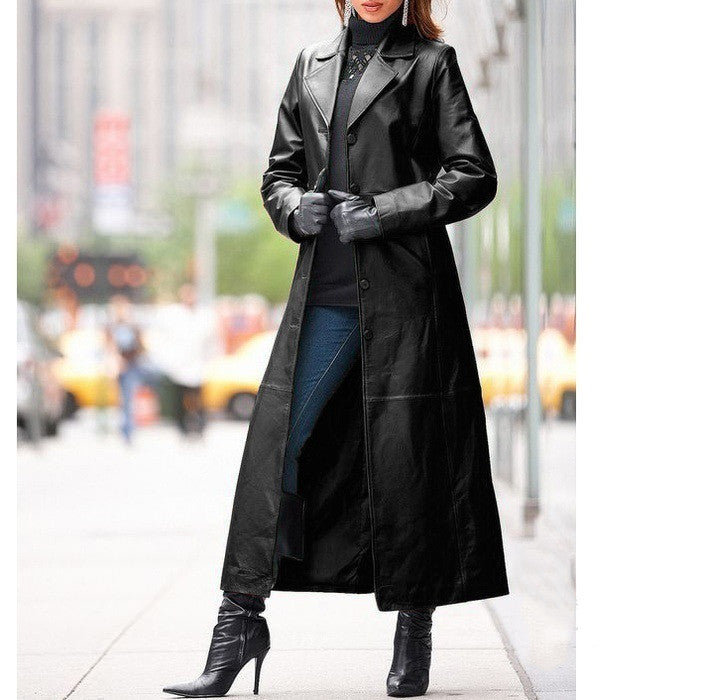 Women's Long Leather Coat - European and American Style