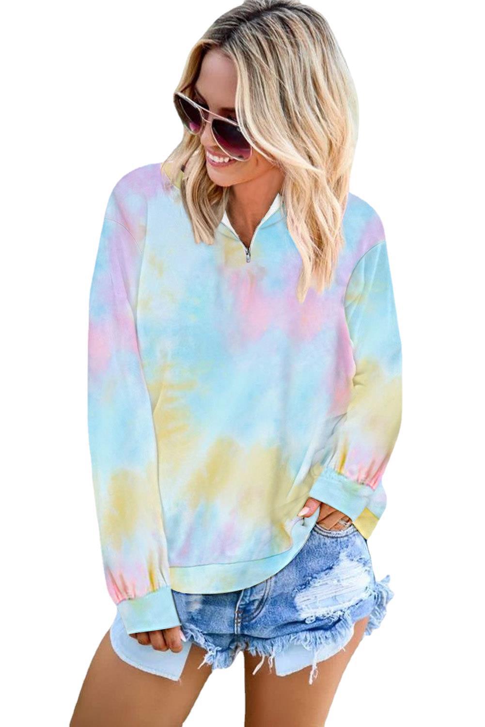 Tie Dye Print Long Sleeve Zip Collar Sweatshirt | Streetwear