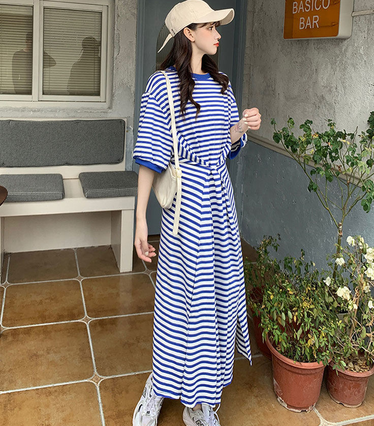 Blue Stripe Loose Midi Dress