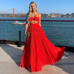 Red Beach Crumpled Chiffon Spaghetti Strap Evening Dress