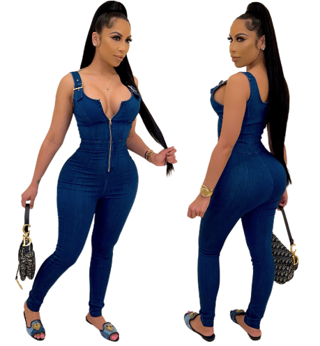Women's Stretch Denim Jumpsuit with Spaghetti Straps (One Piece)