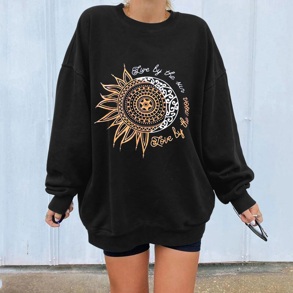 Chrysanthemum Print Round Neck Long Sleeve Sweater
