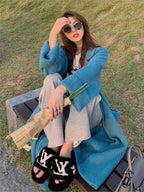 Elegant Blue Women's Knitted Winter Cardigan Jacket