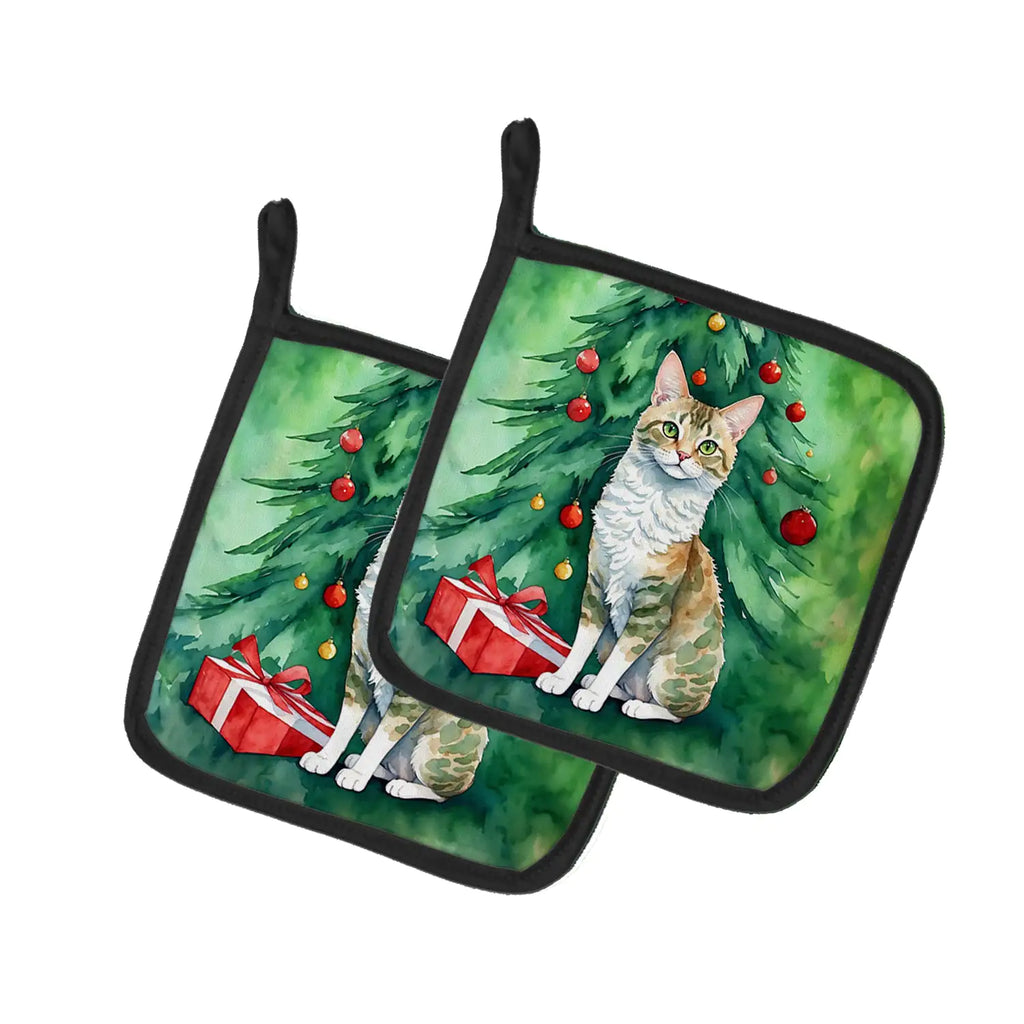 Oregon Rex Cat By the Christmas Tree Pair of Pot Holders