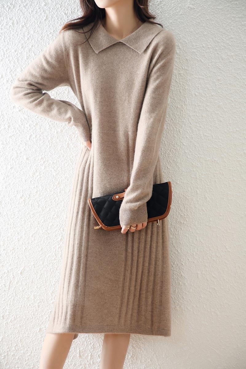 Solid Color Wool Knitted Dress with Peter Pan Collar