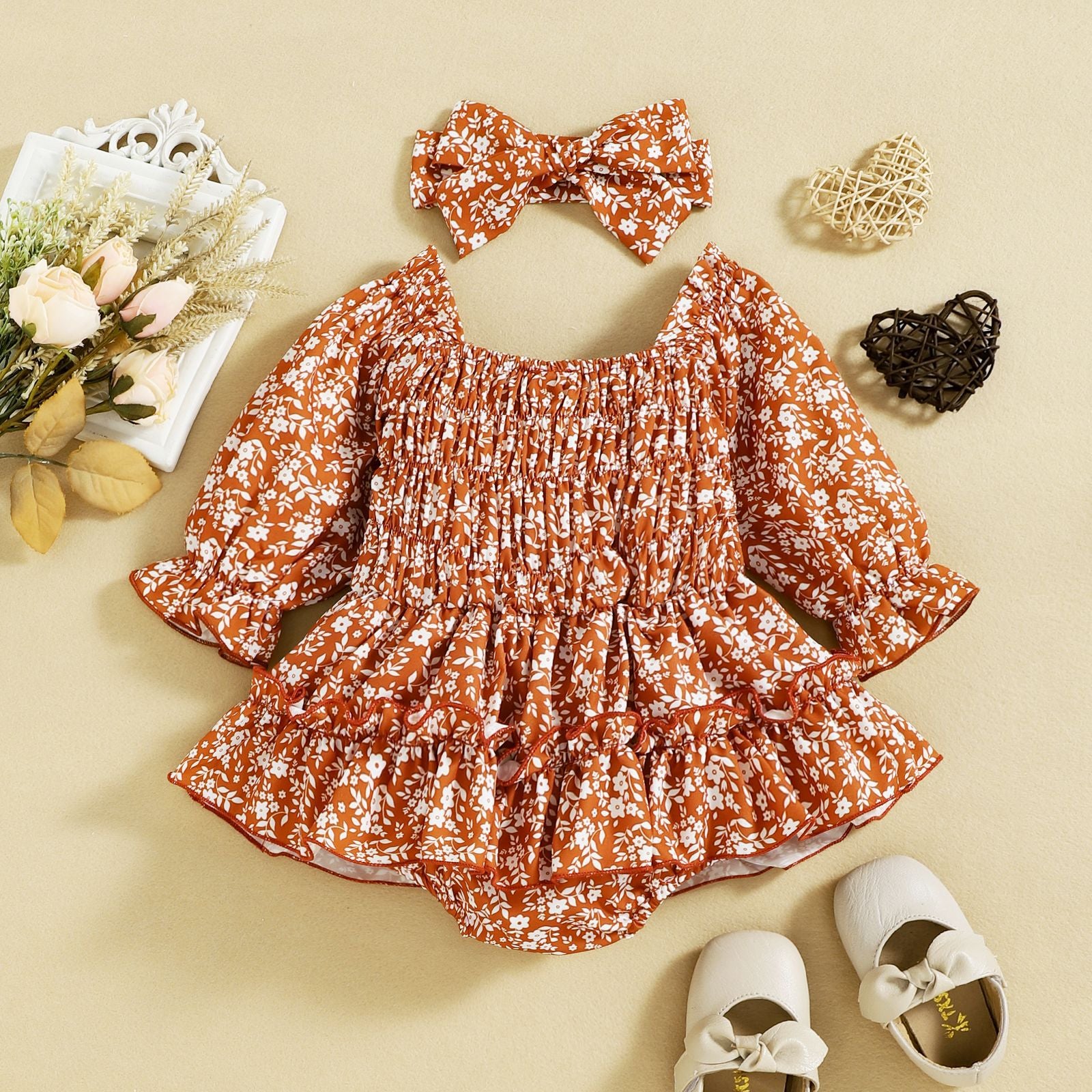 Autumn Floral Chiffon Butterfly Baby Bodysuit Dress