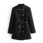 Double-Breasted Belted Woolen Coat in Metal Finish