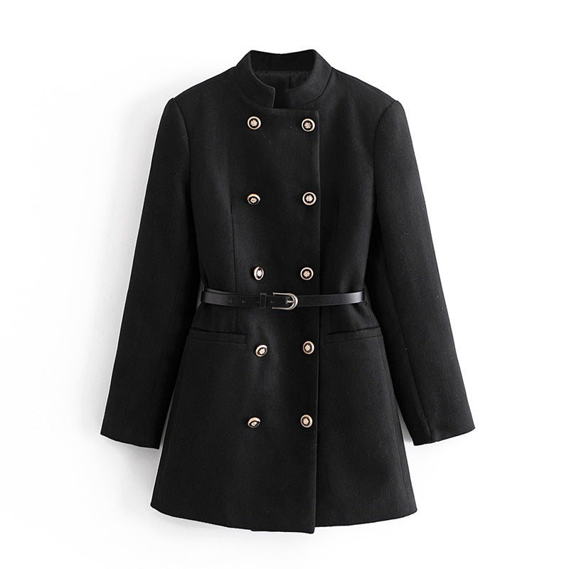 Double-Breasted Belted Woolen Coat in Metal Finish