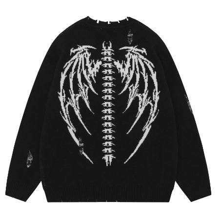 Ripped Round Neck Sweater with Skull Skeleton Design