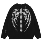 Ripped Round Neck Sweater with Skull Skeleton Design