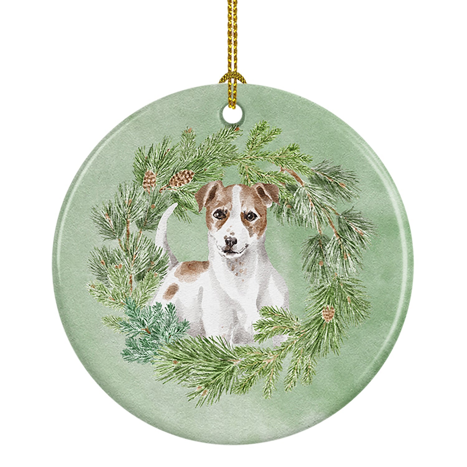 Jack Russell Terrier Chestnut and White Christmas Wreath Ceramic Ornament