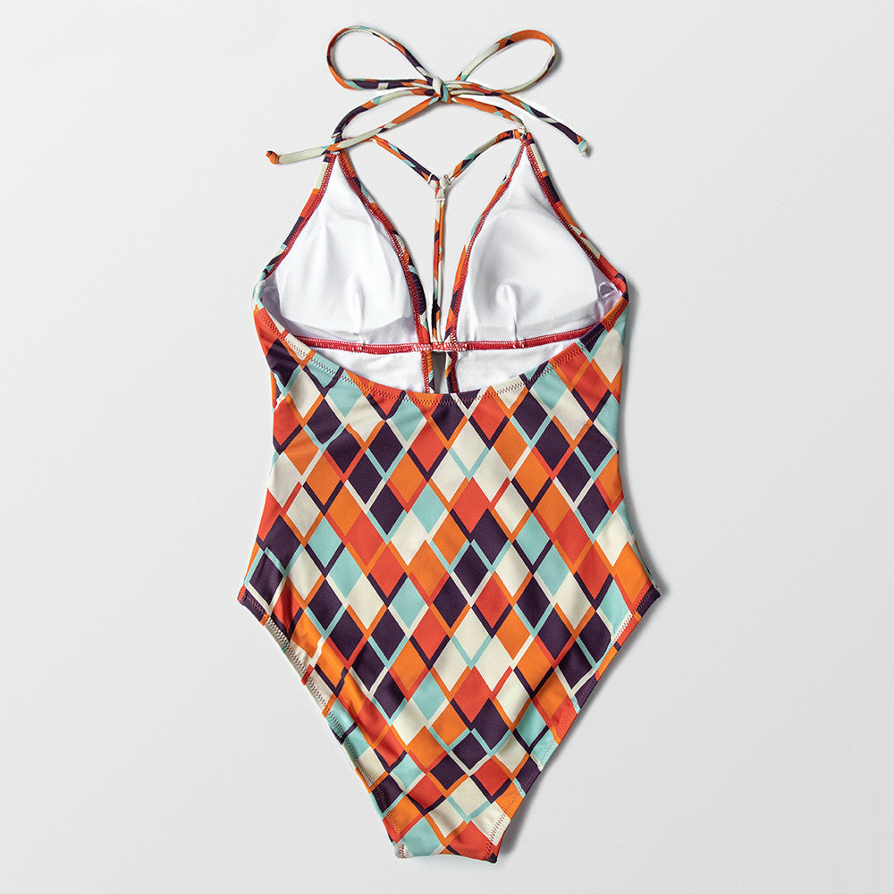 Retro Geometric Print Halter One-Piece Swimsuit