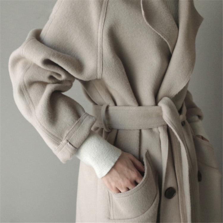 Ladies Double-sided Mid-length Woolen Coat with Waist