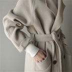 Ladies Double-sided Mid-length Woolen Coat with Waist
