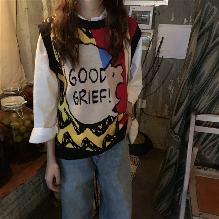Kawaii Cartoon O-Neck Sleeveless Sweater Vest for Women