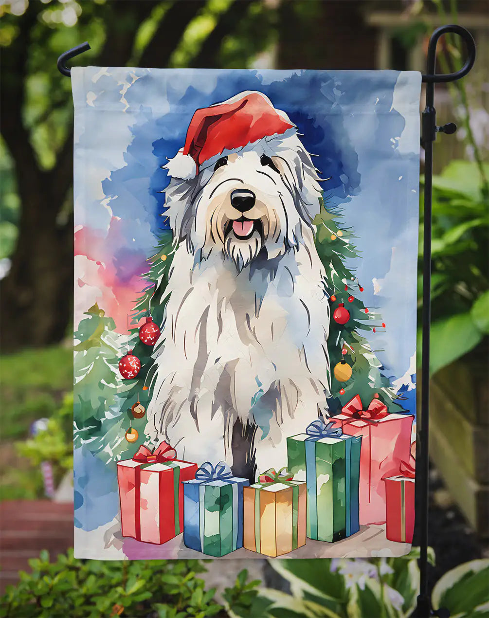 Old English Sheepdog Christmas Garden Flag