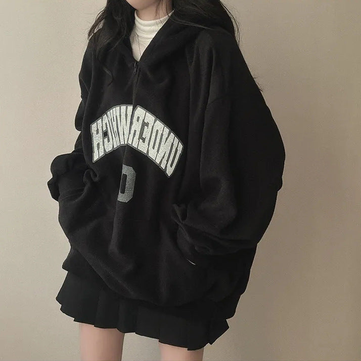 Thick Fleece-Lined Women's Letter Zipper Hoodie | Streetwear