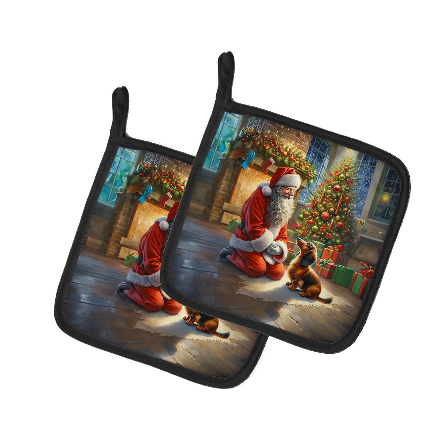 Dachshund and Santa Claus Pair of Pot Holders