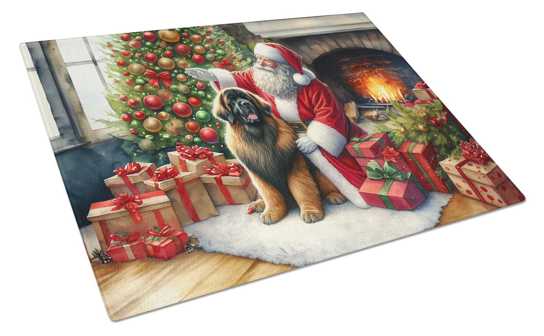 Leonberger and Santa Claus Glass Cutting Board