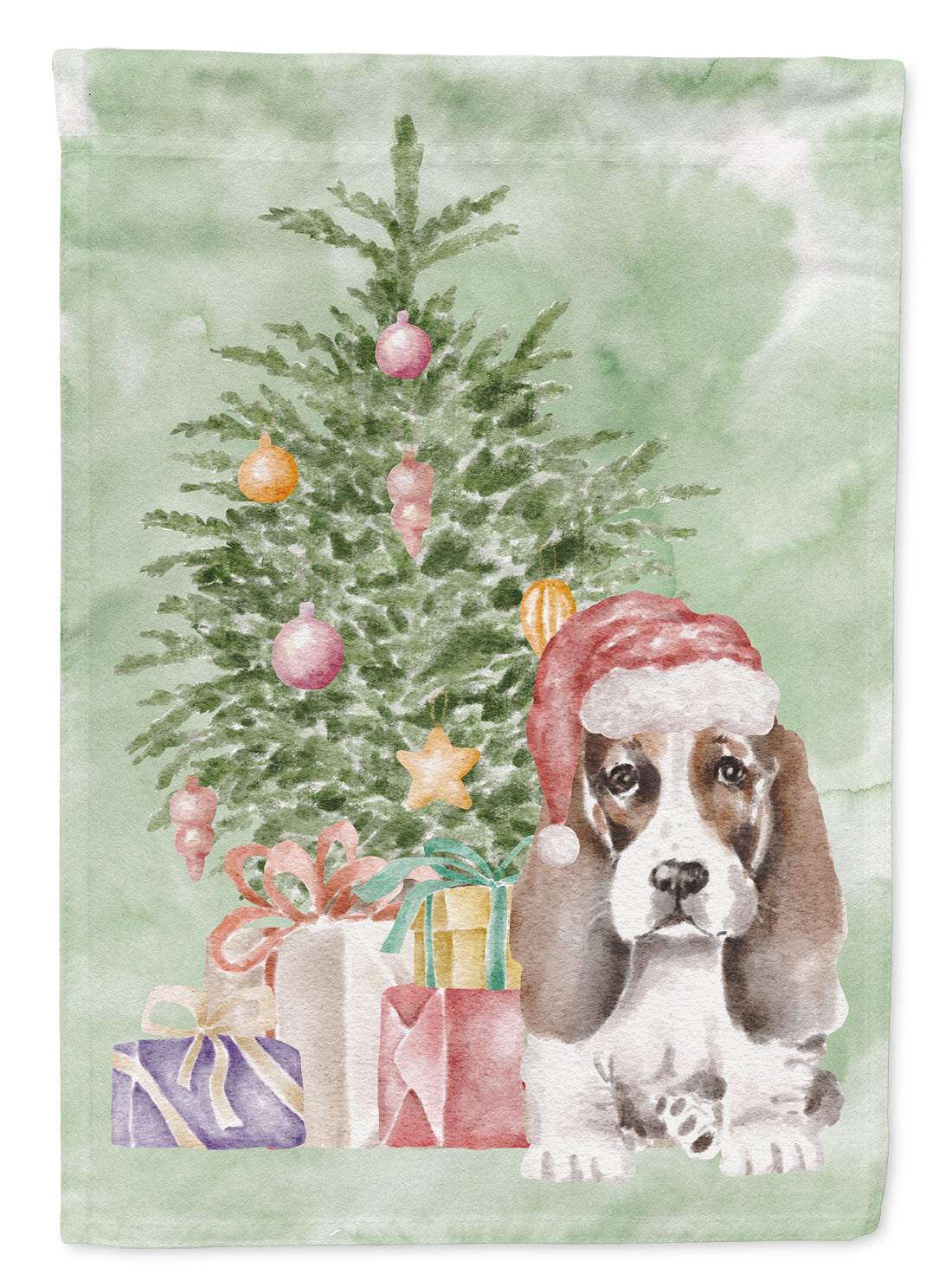 Basset Hound Puppy #2 Christmas Presents and Tree Garden Flag