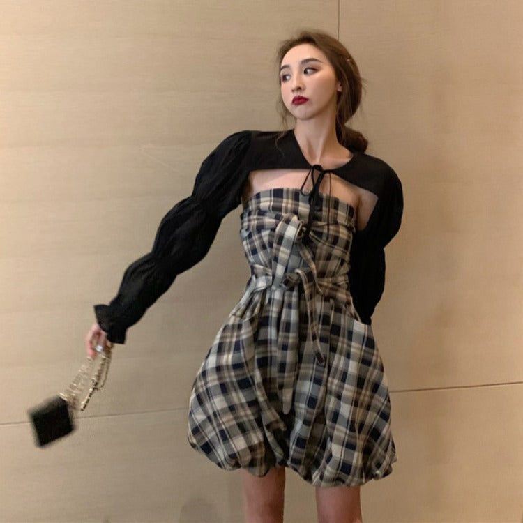 Summer Sexy Plaid Bodysuit with Long Sleeve Cover-Up