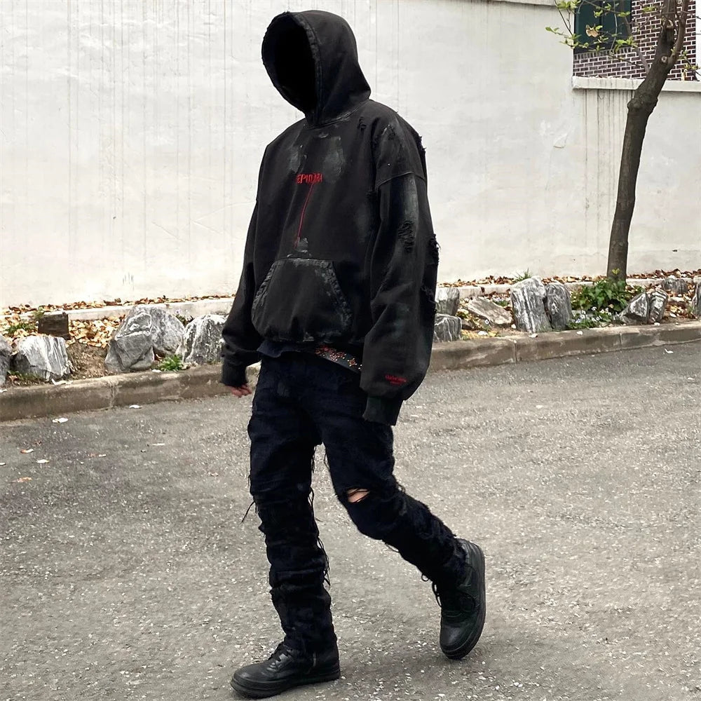 Vintage Washed Embroidered Letter Hoodie for Unisex | Streetwear