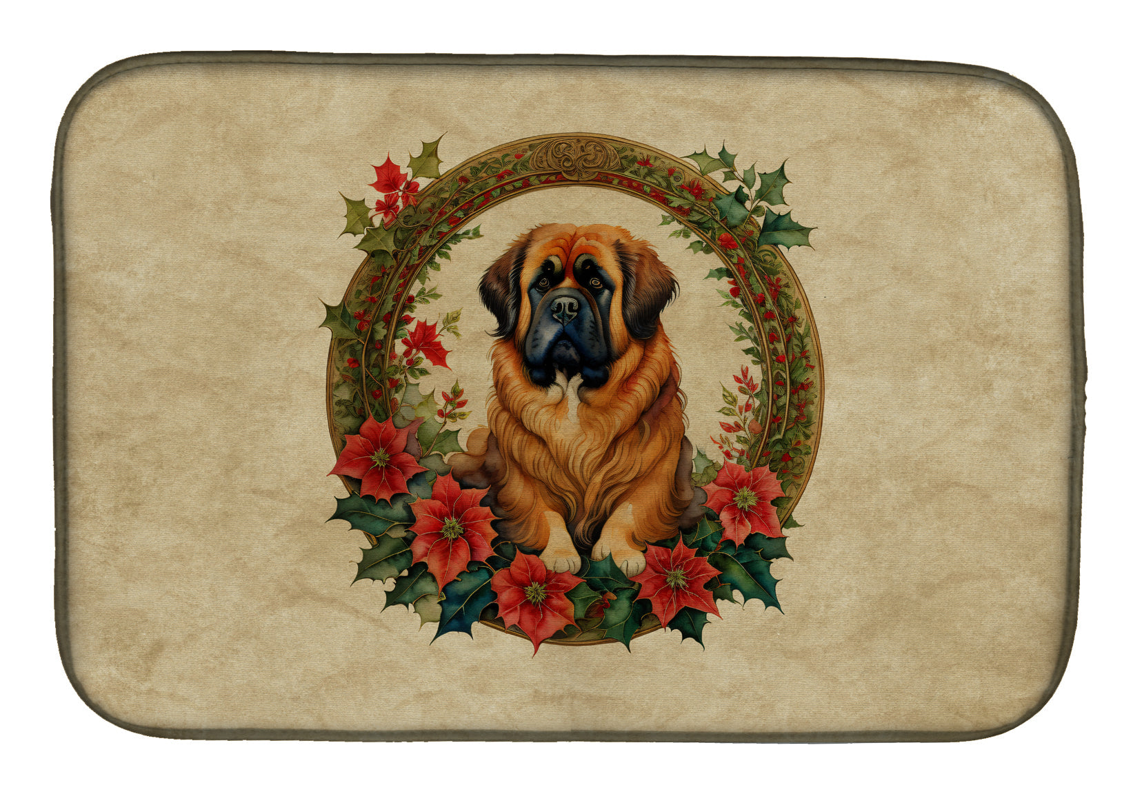 Tibetan Mastiff Christmas Flowers Dish Drying Mat