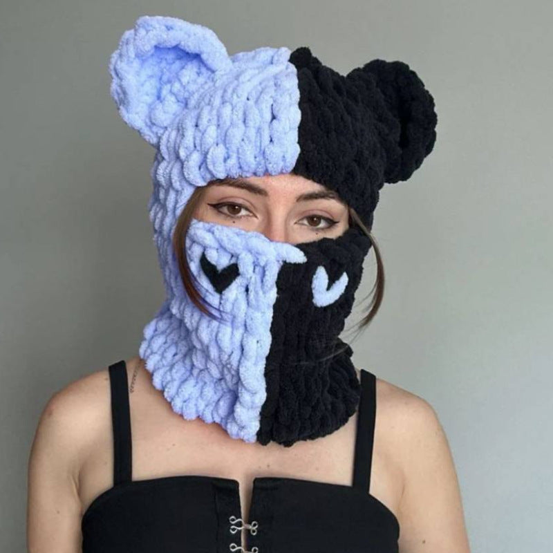 Handmade Knitted Bear Ear Wool Mask Beanie | Embroidered Cap