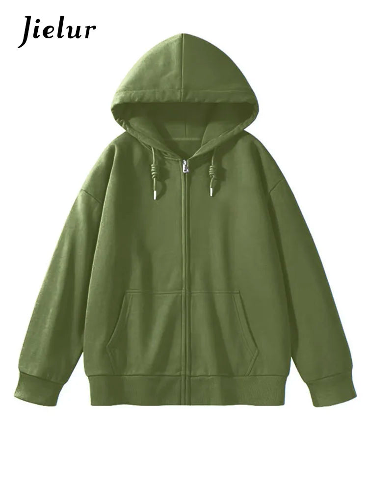 Jielur Solid Color Comfortable Women's Zip-Up Hoodie | Streetwear