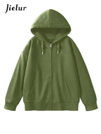 Jielur Solid Color Comfortable Women's Zip-Up Hoodie | Streetwear