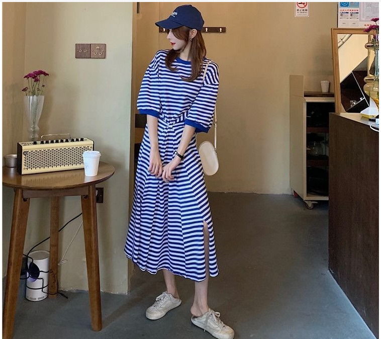Blue Stripe Loose Midi Dress