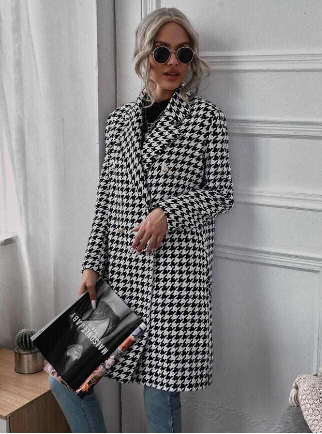 Mid-Length Houndstooth Printed Double-Breasted Coat