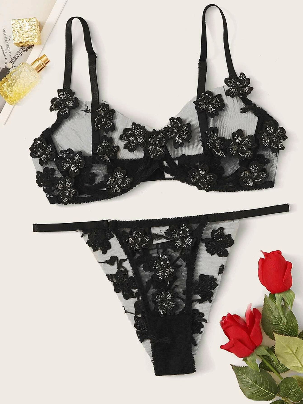 Lace Embroidered Floral Lingerie Set for Women