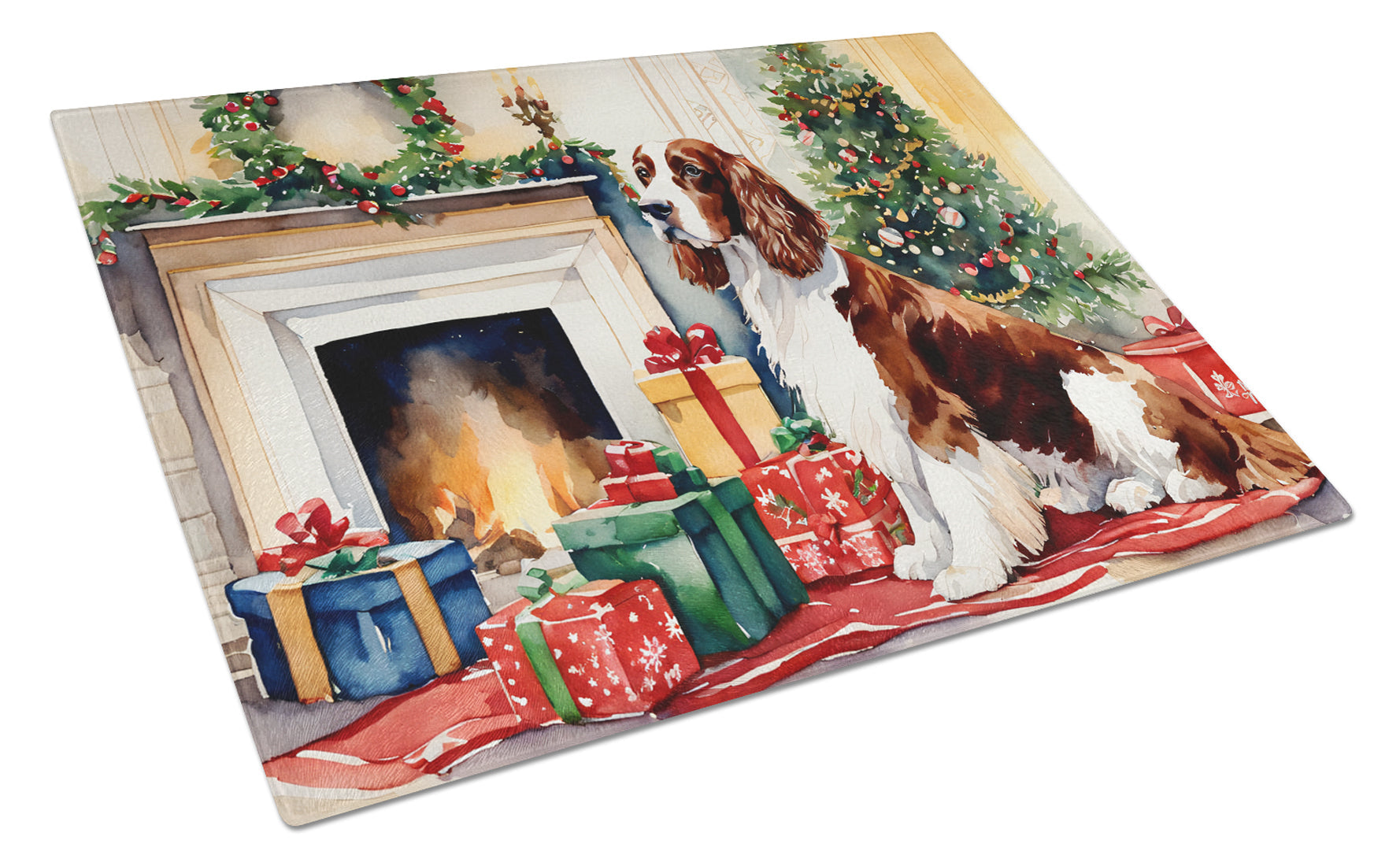 Welsh Springer Spaniel Cozy Christmas Glass Cutting Board