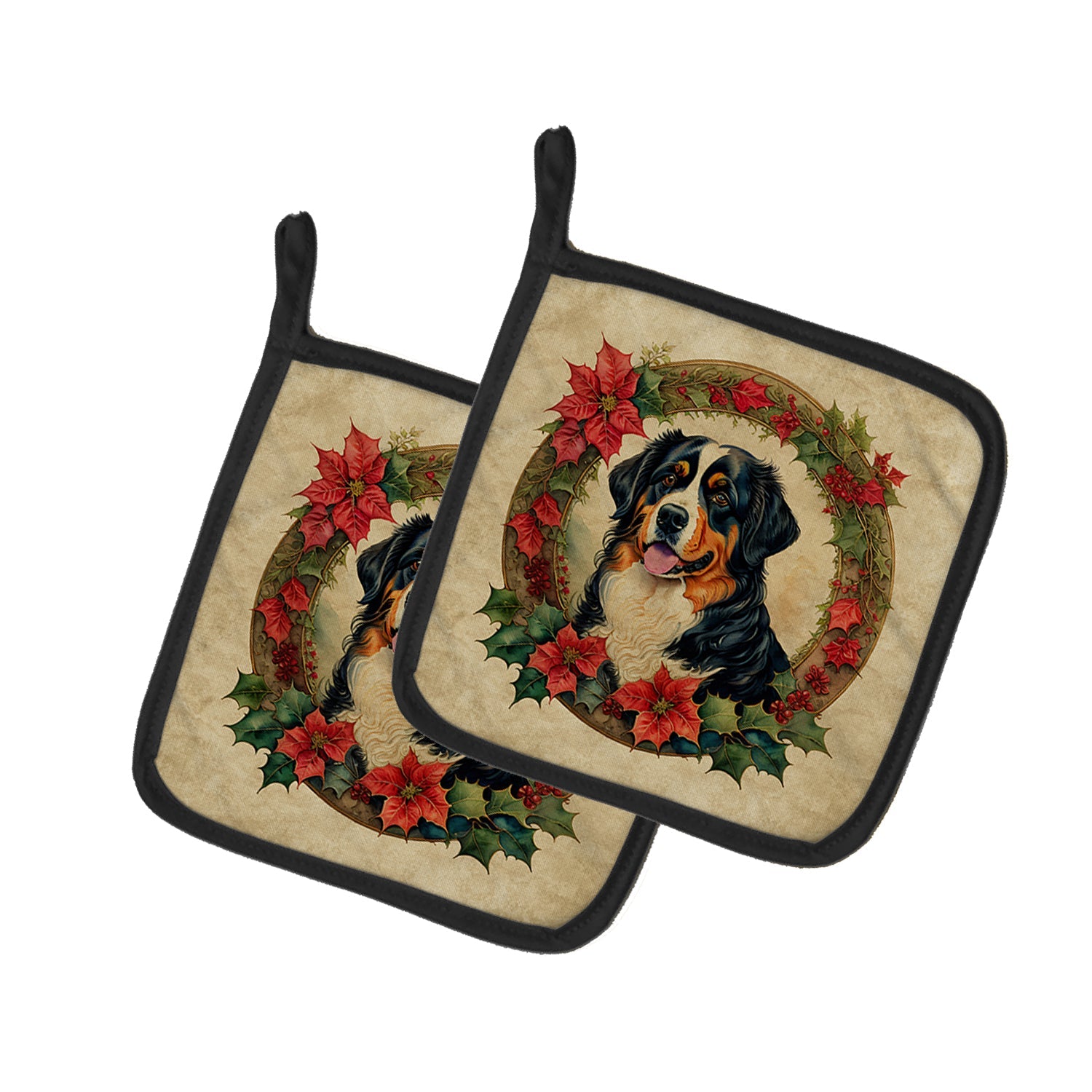 Bernese Mountain Dog Christmas Flowers Pair of Pot Holders