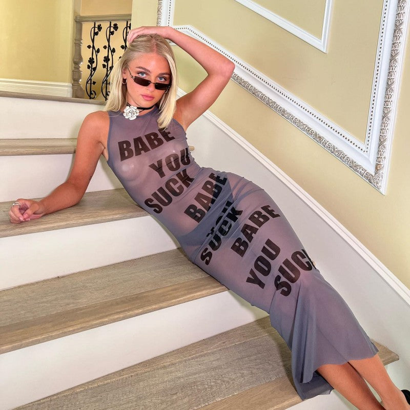 A138DS Summer Casual Solid Color Letter Print Dress