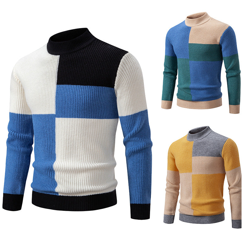 Men's Color Stitching Knitwear Sweater with Stand Collar
