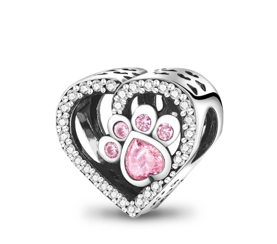 Pink Paw Print Heart Bead Charm