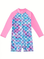 Girls Mermaid Scale Long-Sleeve Rash Guard Swimsuit