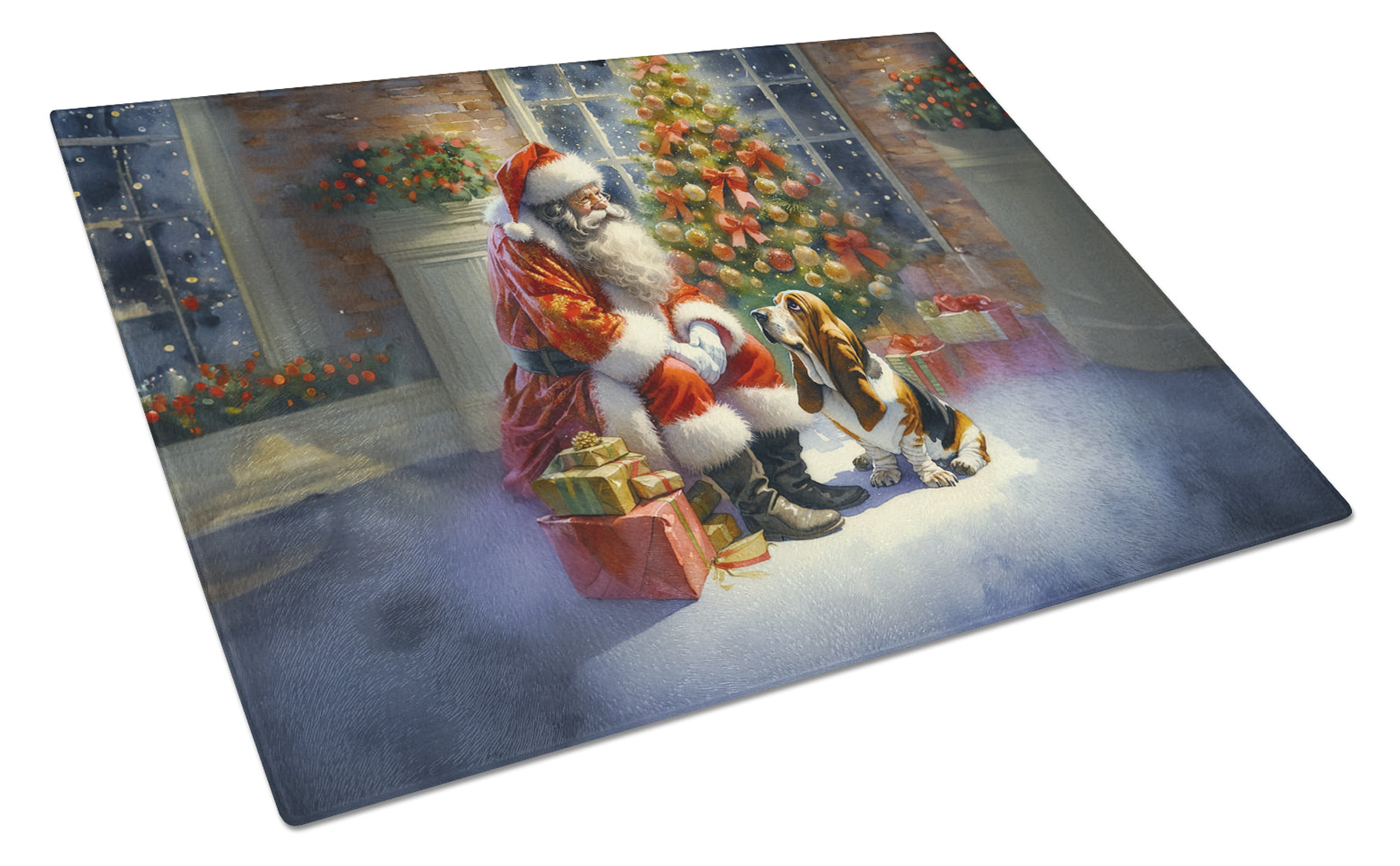 Basset Hound and Santa Claus Glass Cutting Board