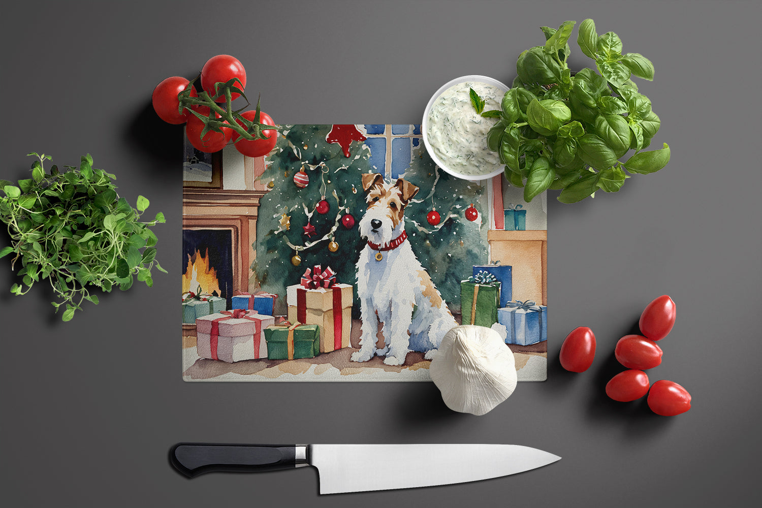 Fox Terrier Cozy Christmas Glass Cutting Board
