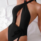 Cross Strap Solid Color One-Piece Swimsuit for Women