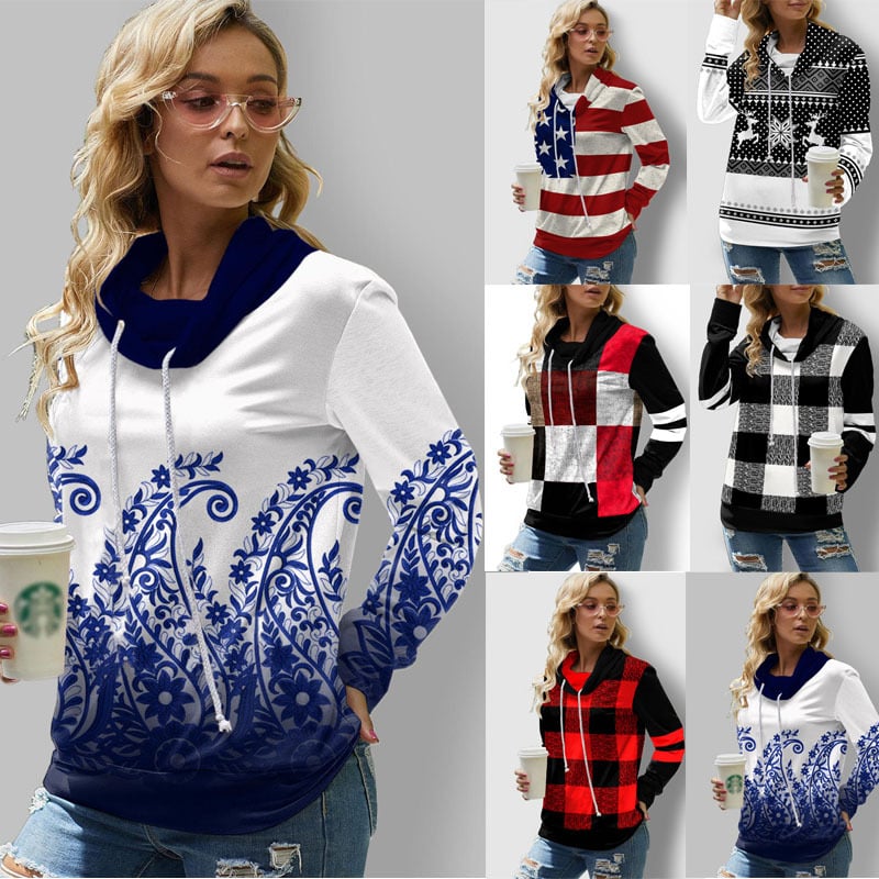 Check Printed Long Sleeve Turtleneck Sweatshirt for Women | Streetwear