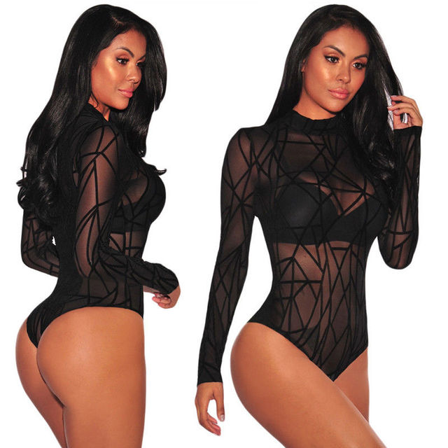 Women's Transparent Black Floral Stripe Bodysuit
