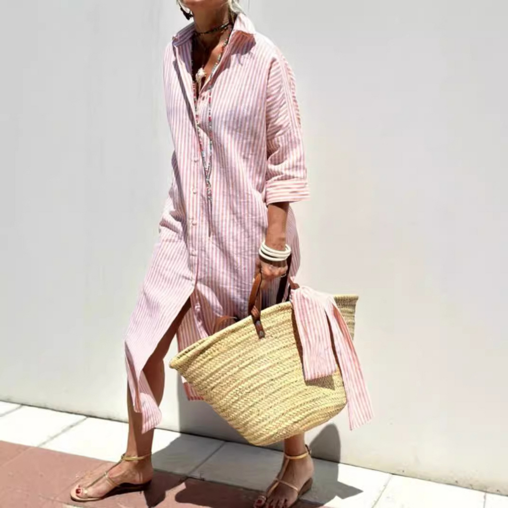 Women's Half-Sleeve Striped Cardigan Lace-Up Dress