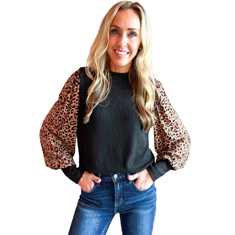 Leopard Print Knitted Long Sleeve Sweater for Women