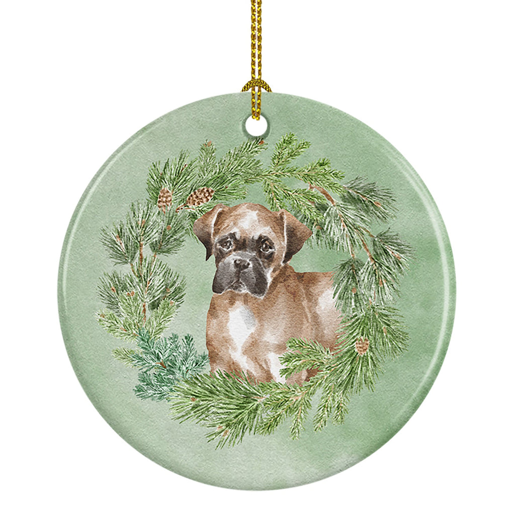 Boxer Puppy Fawn Christmas Wreath Ceramic Ornament