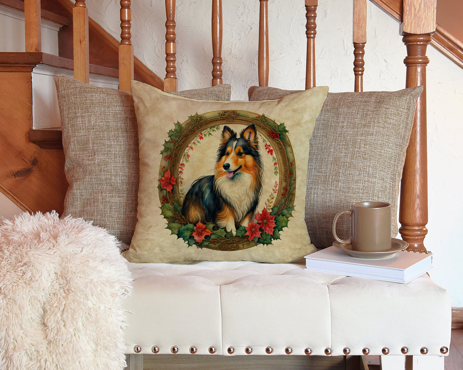 Sheltie Christmas Flowers Throw Pillow