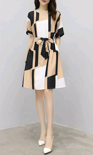 Cotton A-Line Dress with Waist Tie and Short Sleeves